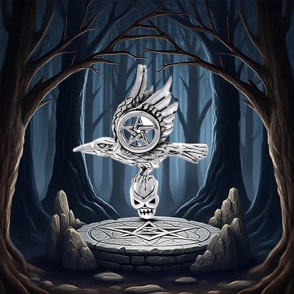 Raven Pentacle Skull Sterling Silver Pendant - Picture 1 of 5